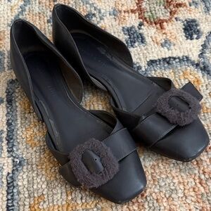 Women's Black Square-Toe Flats with Fuzzy Buckle Accent